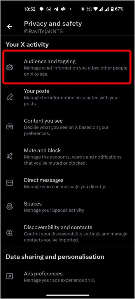 Opción de audiencia y etiquetado en Twitter x App