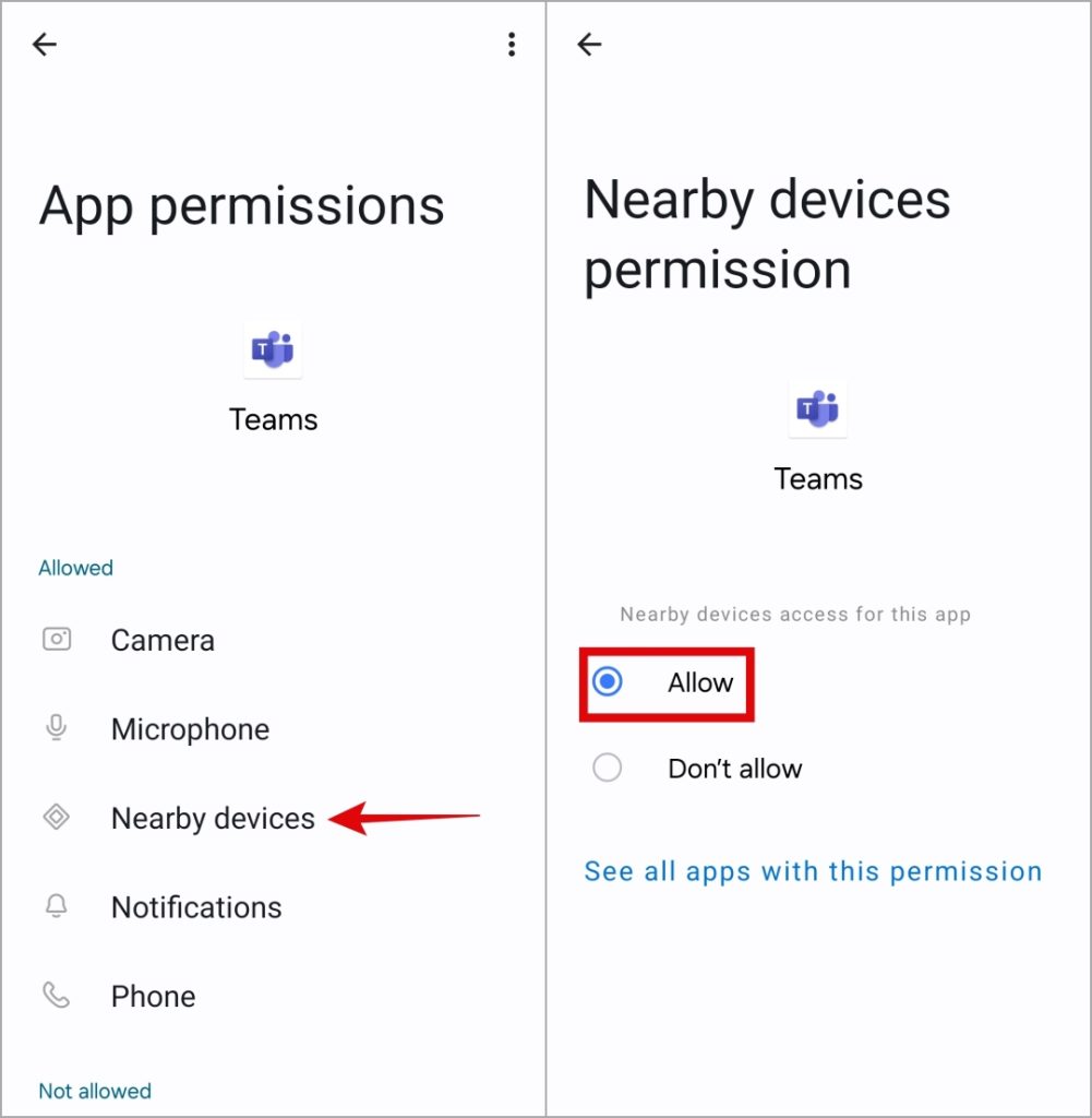 Permitir que los equipos accedan a dispositivos cercanos en Android