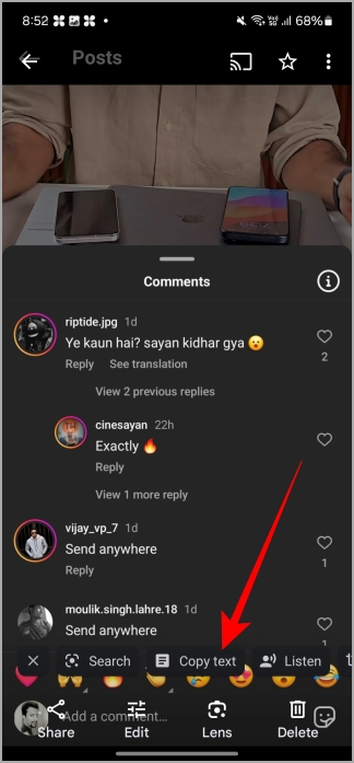 Copie el comentario de Instagram usando Google Photos en Android