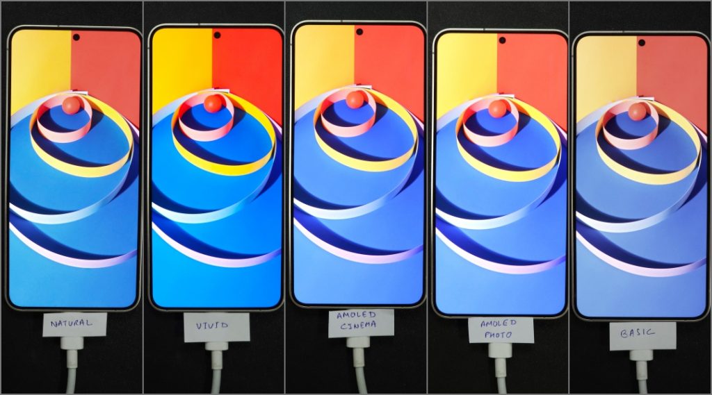 Cinema natural, vívido, amolado, foto AMOLED y modos de pantalla básicos en comparación con el teléfono Samsung Galaxy S24