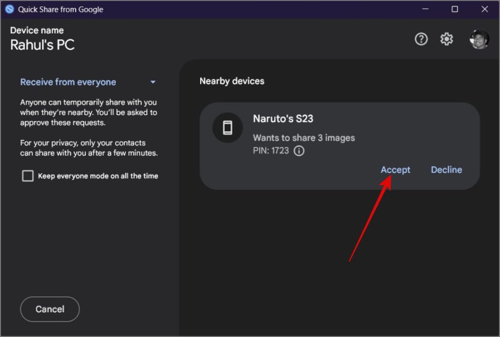 Transferir archivos del teléfono Android a la PC usando Acción rápida