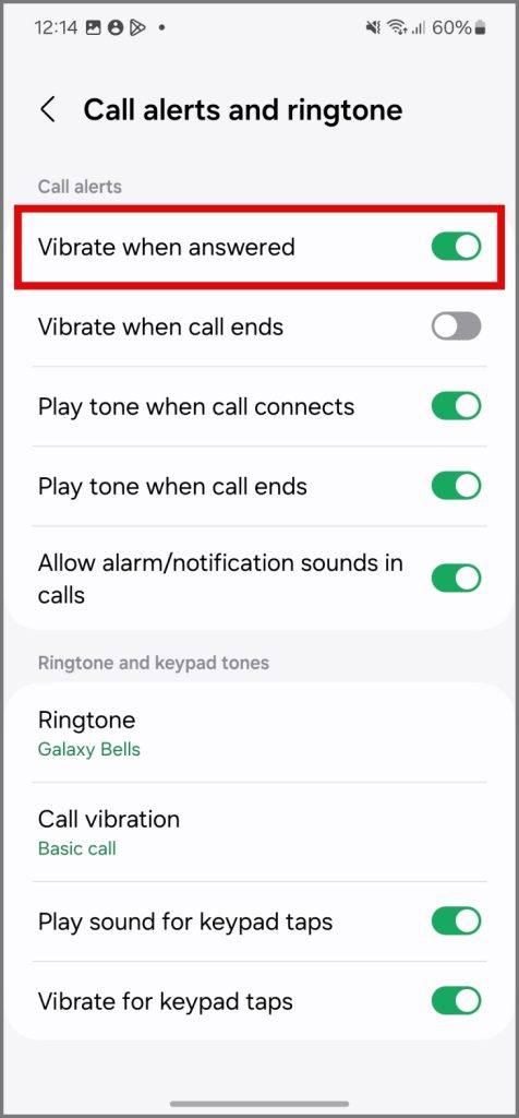 Habilite la vibración cuando se responde la opción en Samsung Galaxy