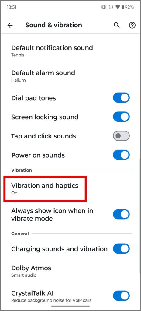 Vaya a la configuración de Vibration and Haptics en Moto