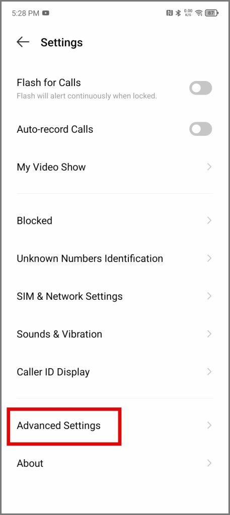 Vaya a configuraciones avanzadas en Infinix
