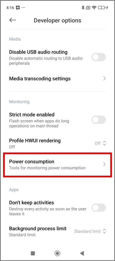 Seleccione la opción de consumo de energía en Xiaomi