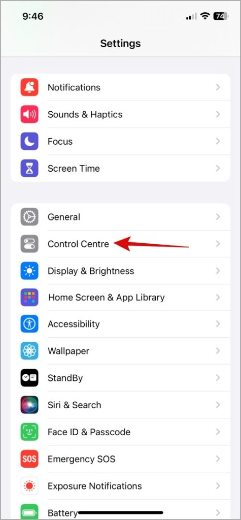Configuración del centro de control en iPhone