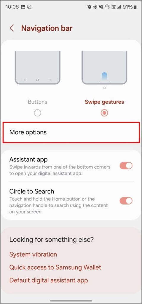 Opción de sugerencia de gesto de gesto en una UI 6.1 en Samsung Galaxy Teléfono