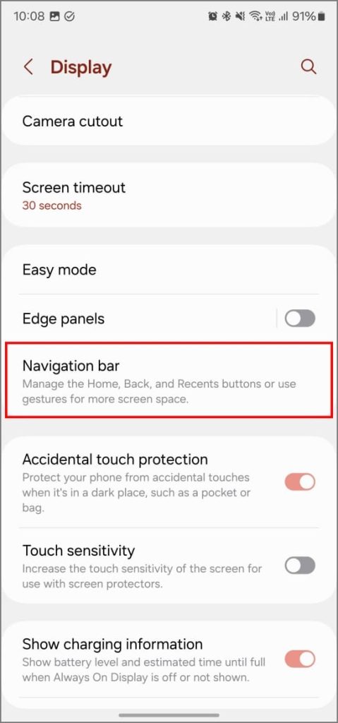 Opción de sugerencia de gesto de gesto en una UI 6.1 en Samsung Galaxy Teléfono