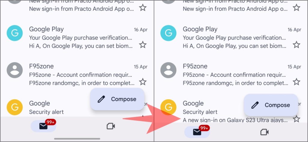 Gesto Sugerencia Normal versus transparente en OneUi 6.1 en Samsung Galaxy S23 Ultra
