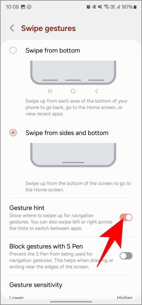 Opción de sugerencia de gesto de gesto en una UI 6.1 en Samsung Galaxy Teléfono