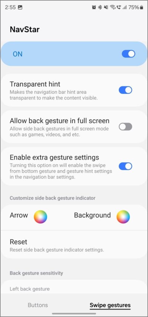Opción de pista transparente en la configuración de Navstar
