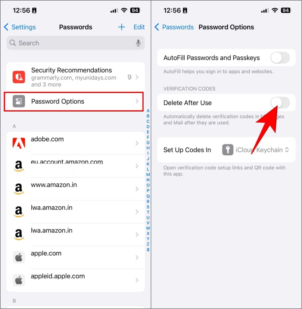 Eliminar después de usar la opción para códigos de verificación OTP en iOS 17