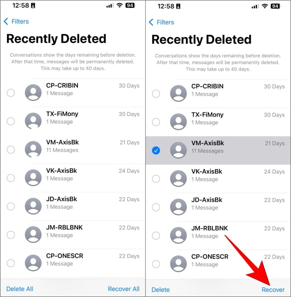 Mensajes OTP recientemente eliminados en iPhone en iOS 17