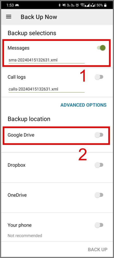 Seleccione la copia de seguridad de la nube de Google Drive