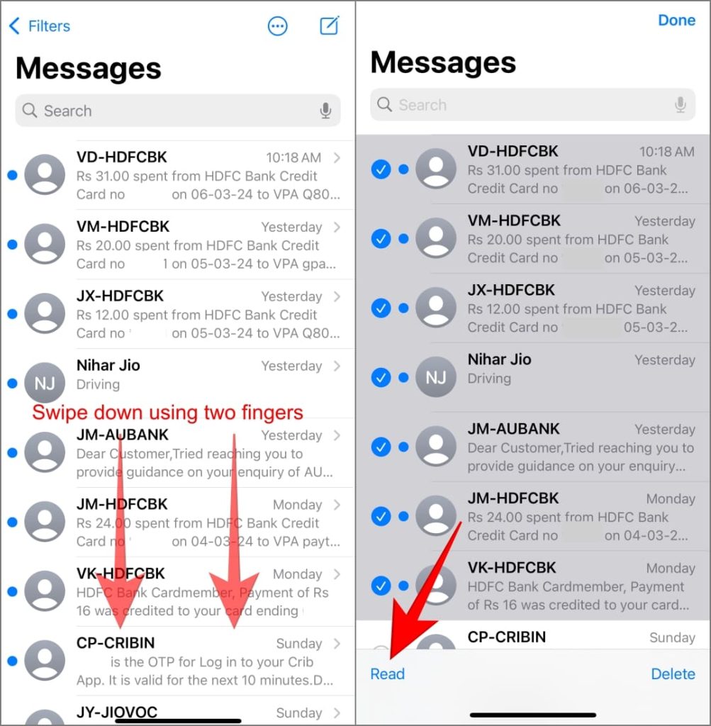 Seleccione Mensajes con dos dedos Slip en iOS 17 en iPhone