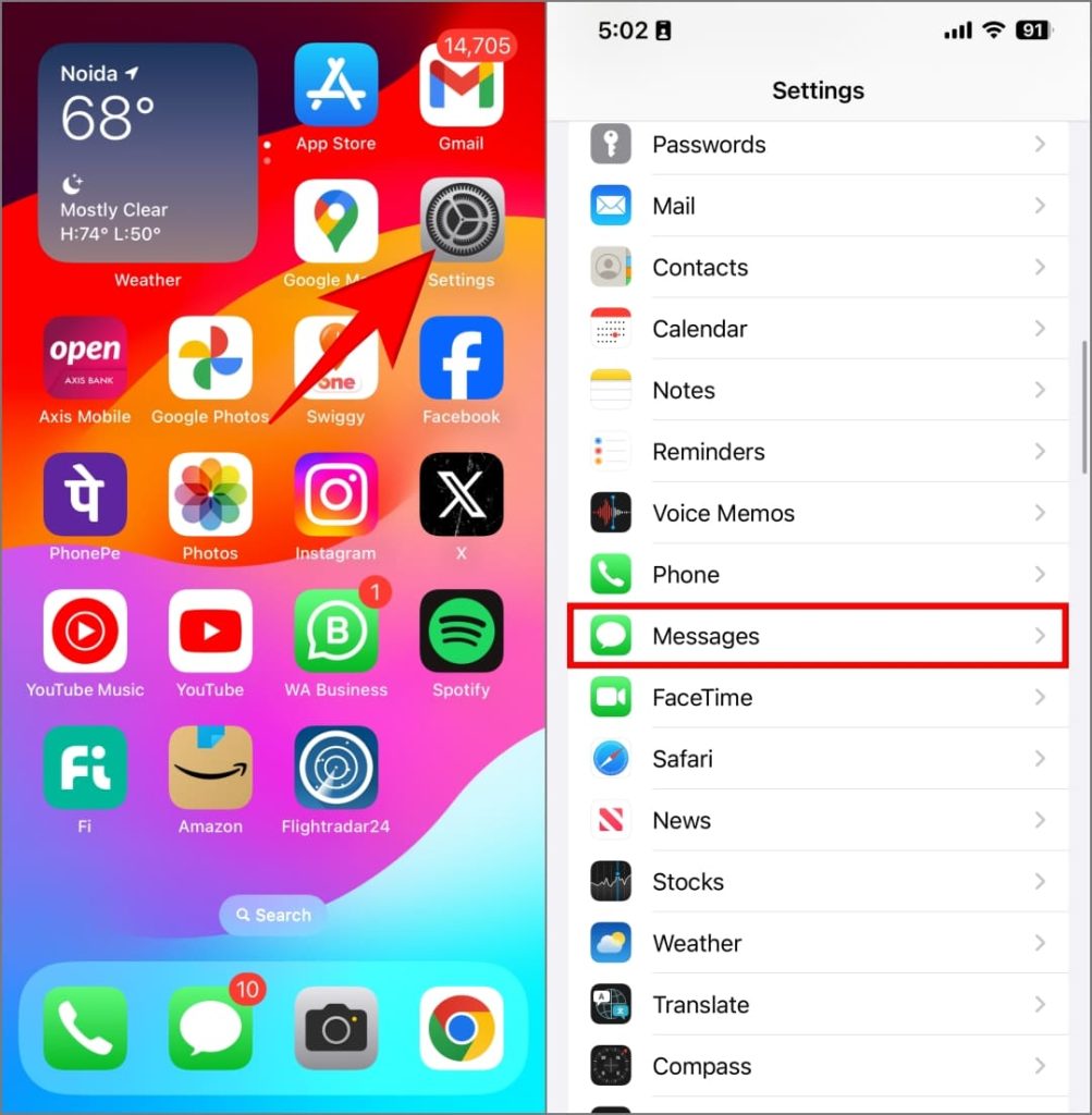 Mensajes en Configuración en iOS 17 en iPhone
