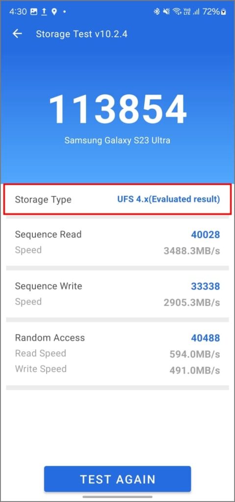 Prueba de almacenamiento en la aplicación Antutu en Android
