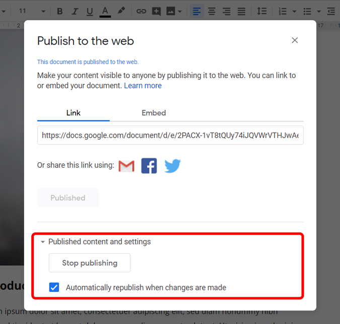 Detener al documento para publicar