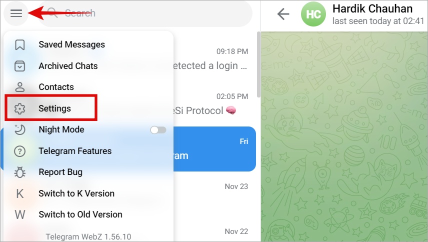 Opción de configuración de la aplicación web Telegram