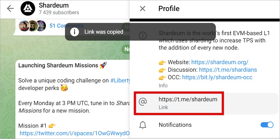 Copiar enlace de grupo Telegram en la aplicación web