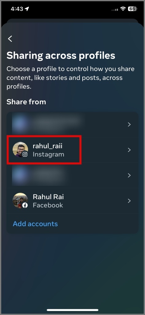 Seleccione la cuenta de Instagram