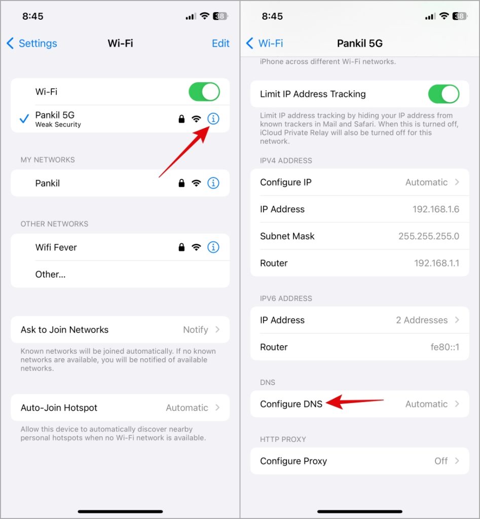 Configurar configuraciones de DNS en iPhone