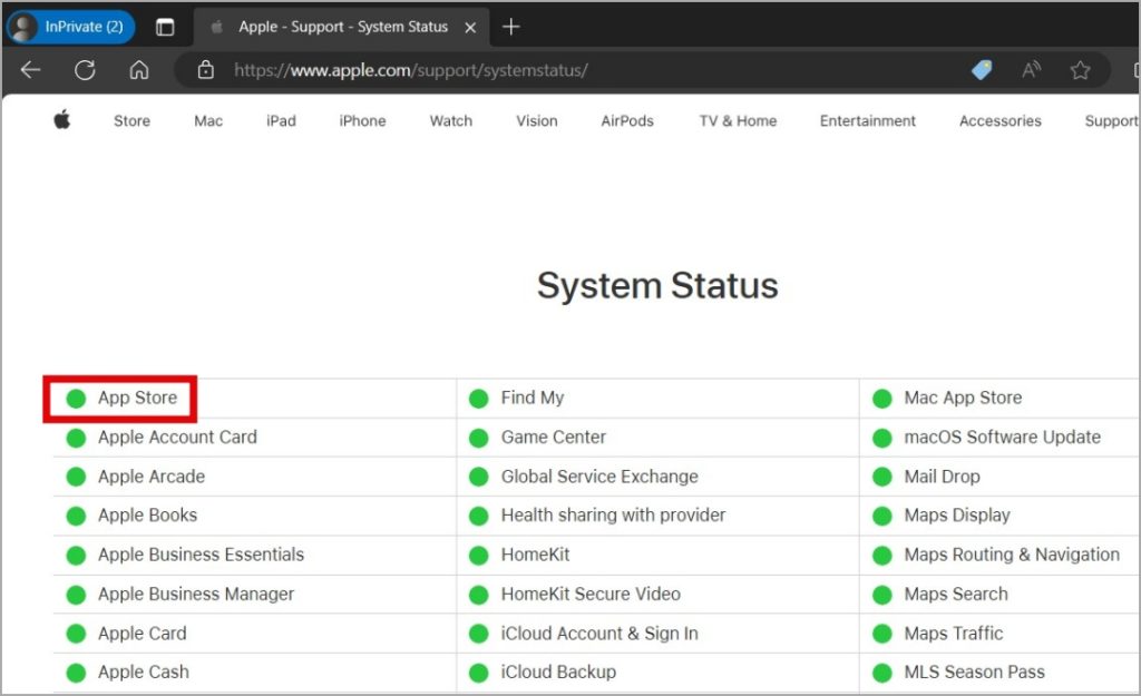 Verifique el estado del servidor de la tienda de aplicaciones
