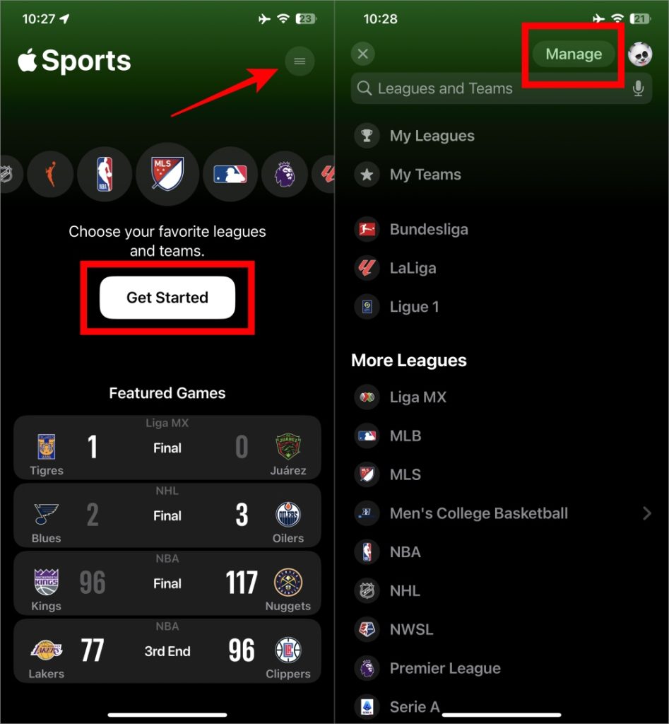 Administrar equipos y ligas en Apple Sports