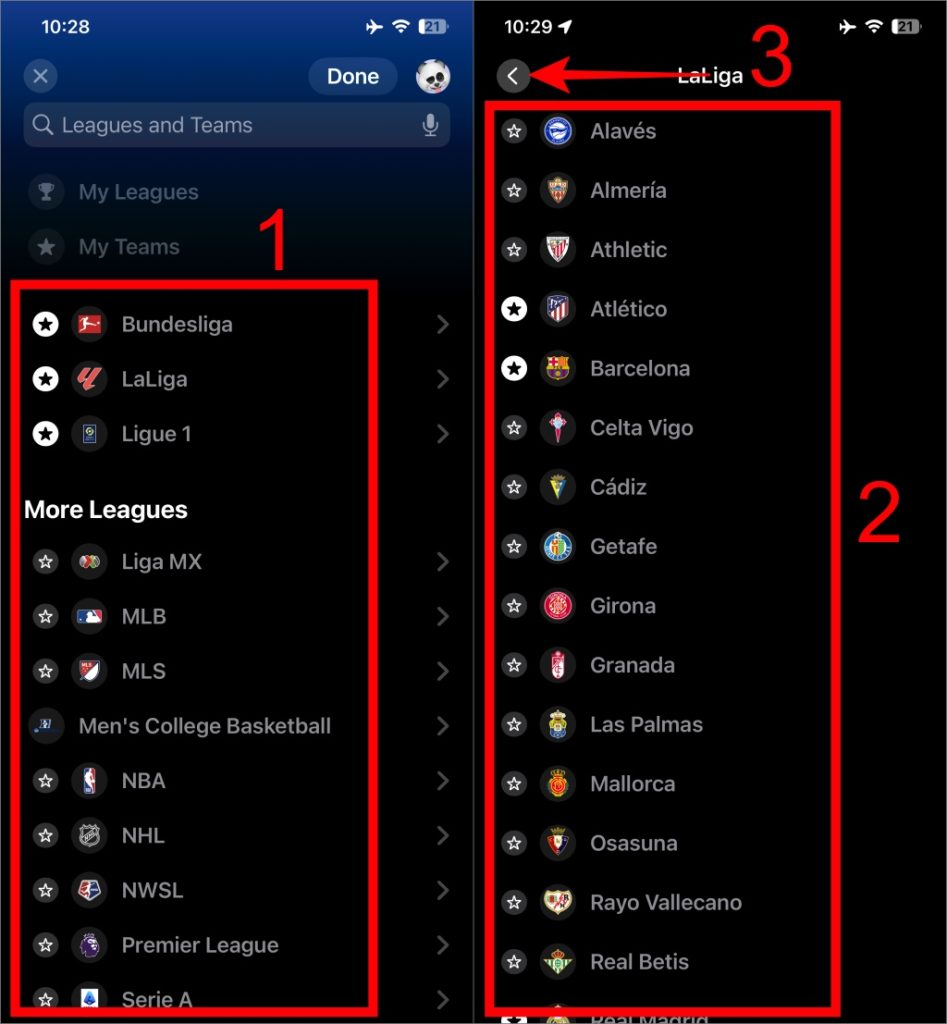 Equipos favoritos en Apple Sports