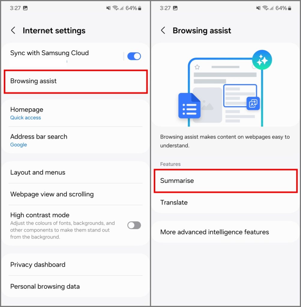 Navegación de asistencia resumir la función en Samsung Internet en Galaxy S24