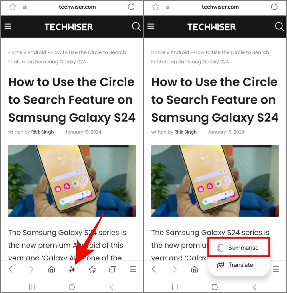 AI resume la función en Samsung Internet en Galaxy S24