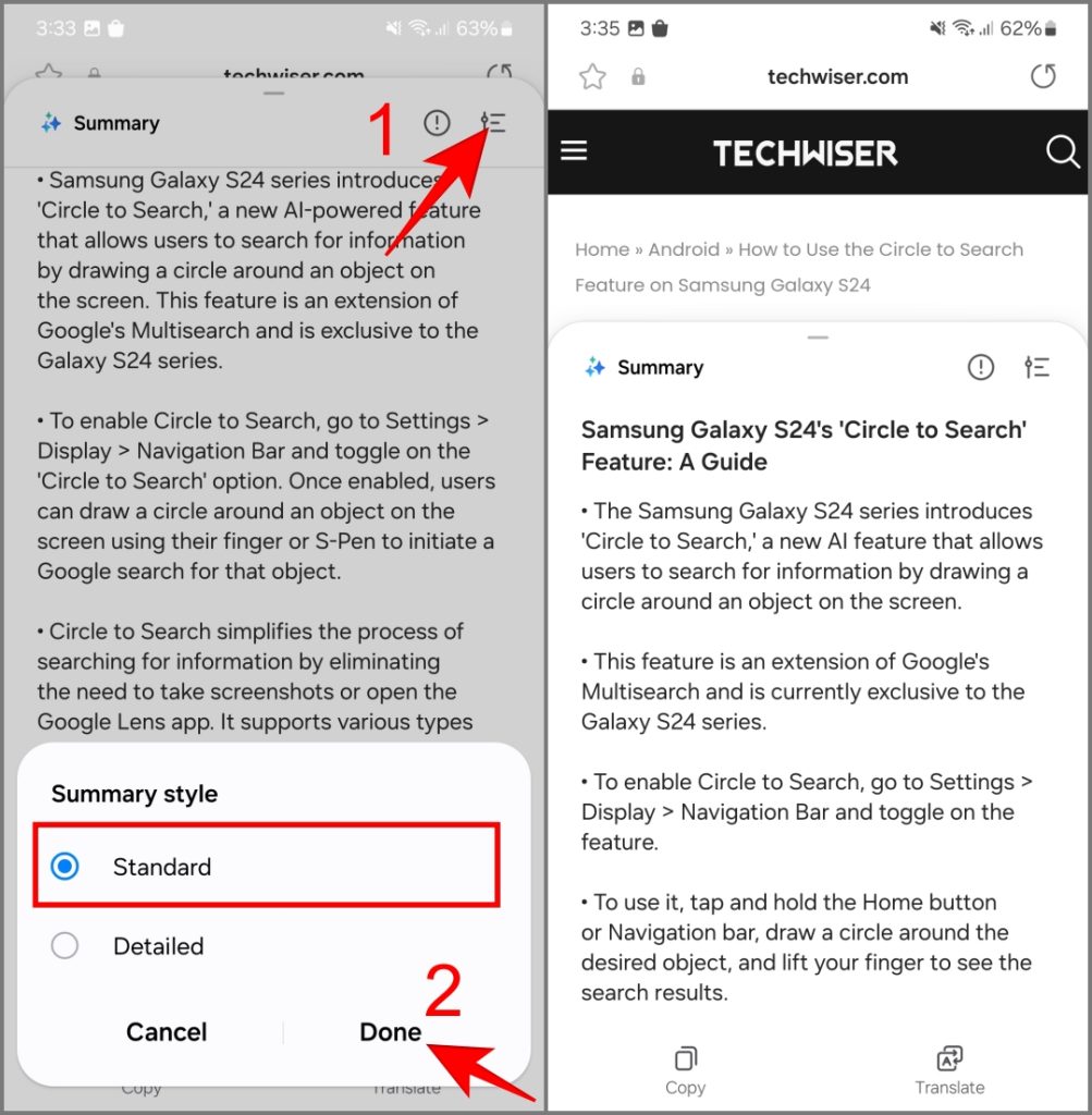 Resumir la configuración de características en Samsung Internet en Galaxy S24