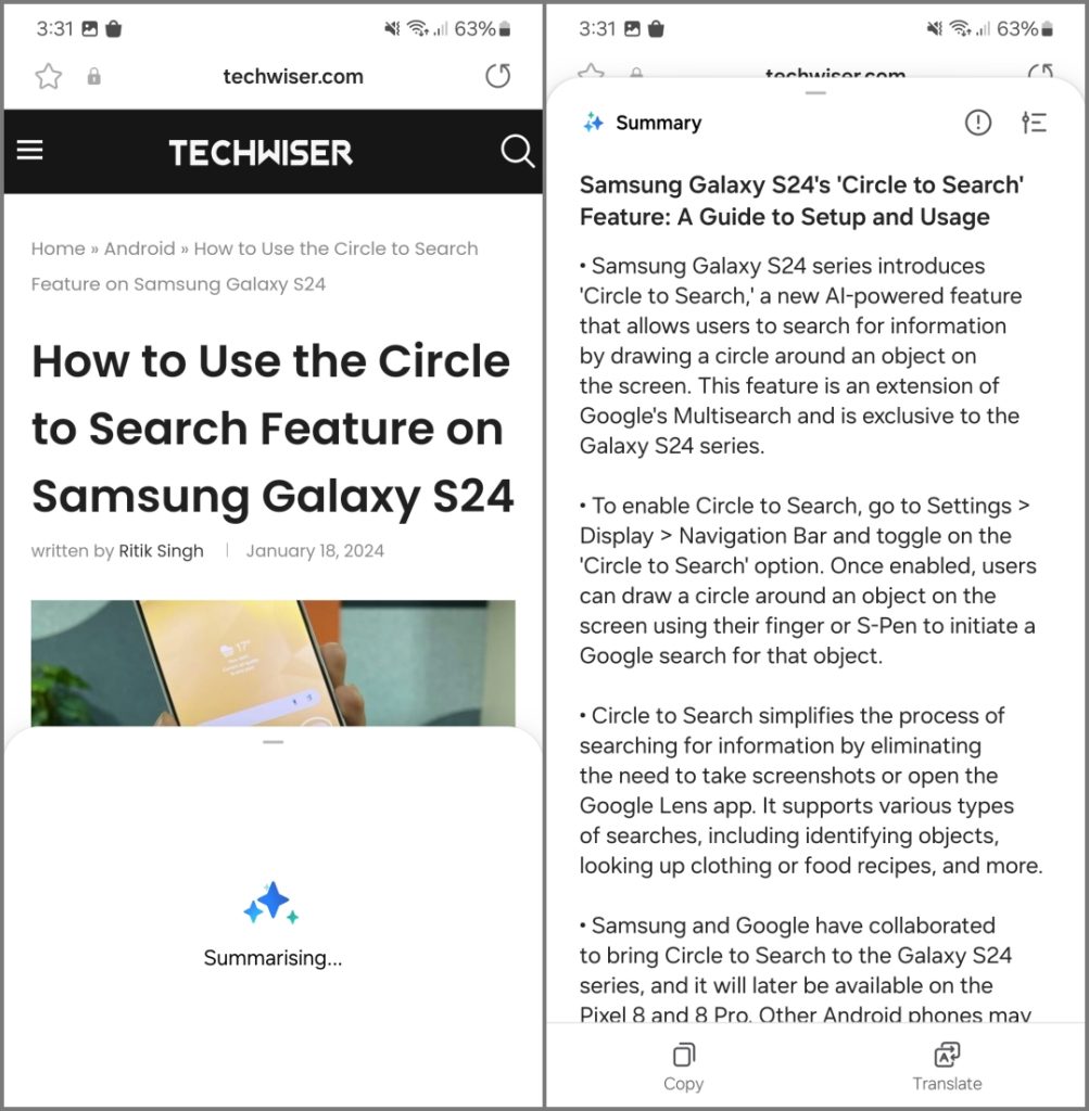 AI resume la función en Samsung Internet en Galaxy S24