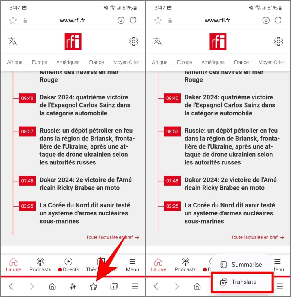 Navegación de asistencia traducir la función en Internet de Samsung en Galaxy S24