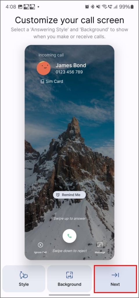 Pantalla de llamada personalizada con la aplicación de teléfono Jolt en el teléfono Android