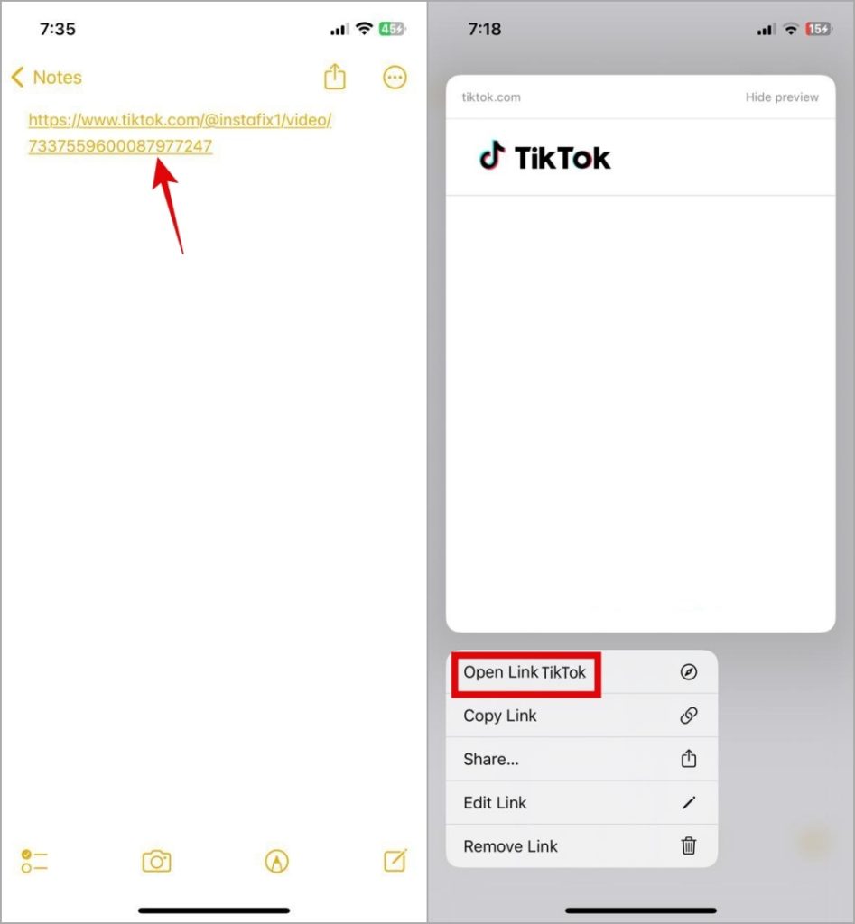 Abra el enlace en Tiktok en iPhone