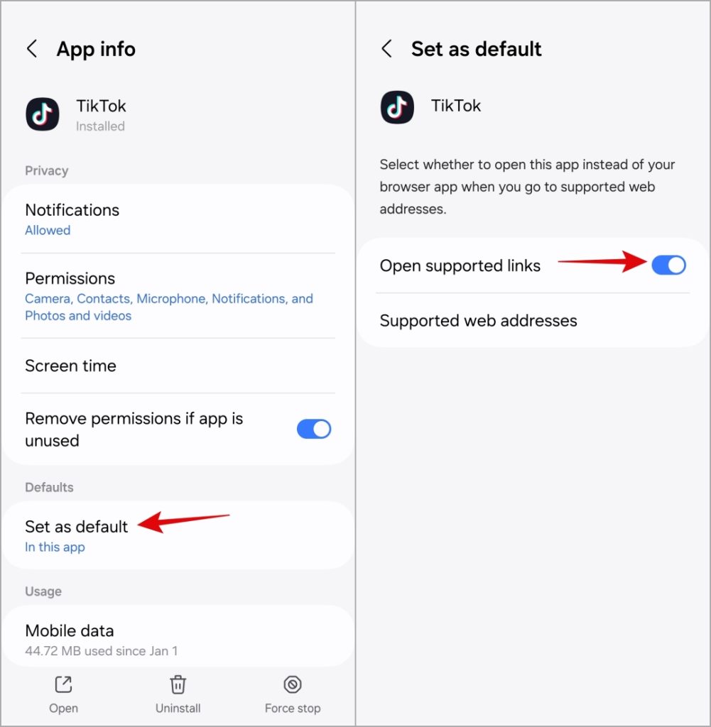 Configurar TikTok para abrir enlaces compatibles en Android