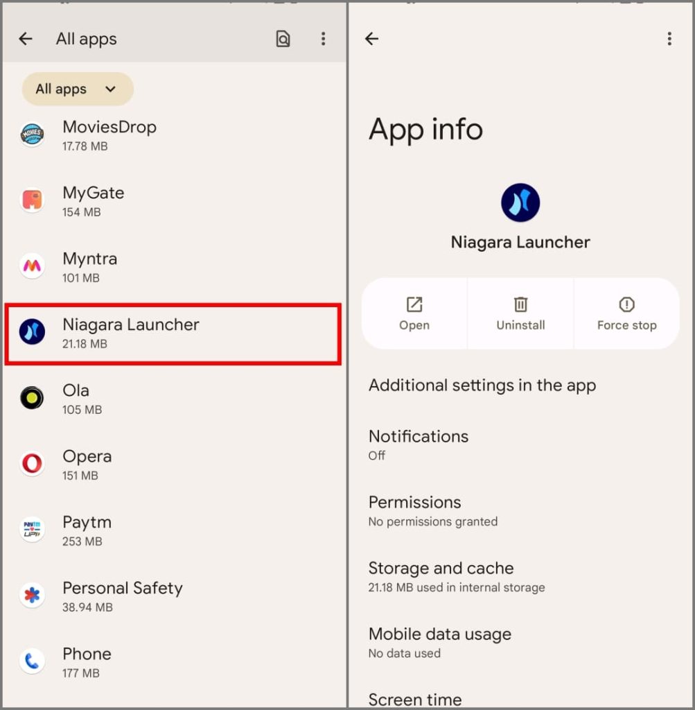 Página de información de la aplicación de la aplicación restringida en Android 14