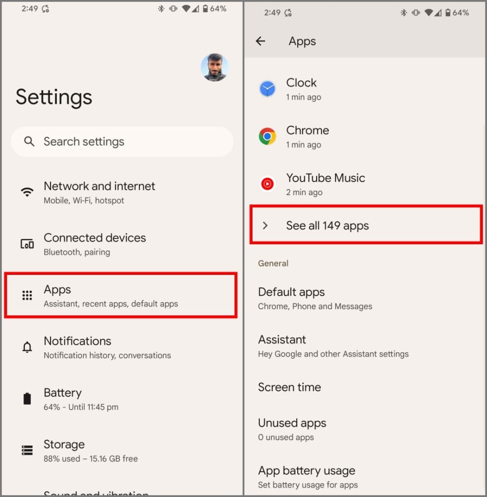 Sección de aplicaciones en Configuración en Android 14