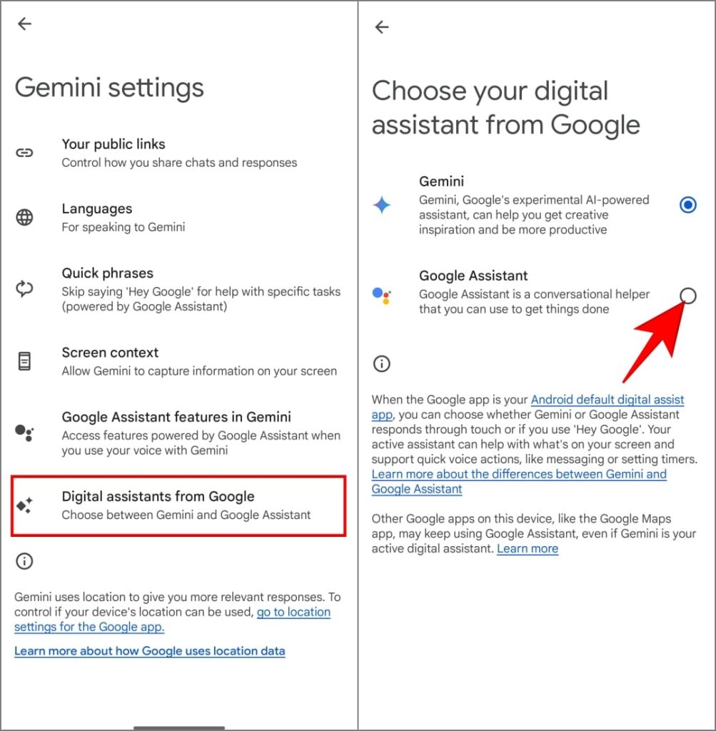 Cambiar al Asistente de Google desde Géminis en la configuración de Géminis