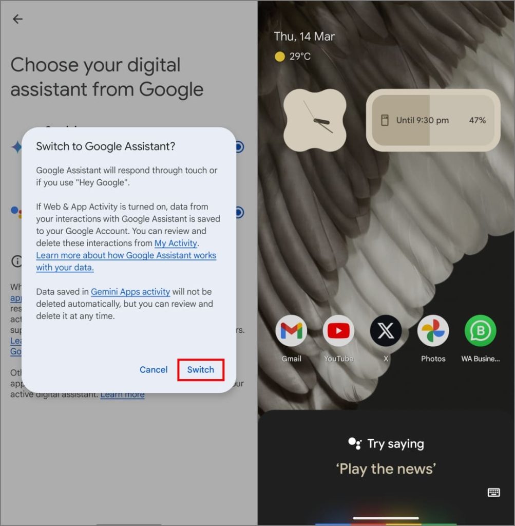 Cambiar al Asistente de Google desde Géminis en la configuración de Géminis