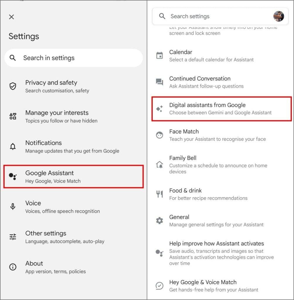Asistentes digitales de la opción de Google en la aplicación Configuración en Android