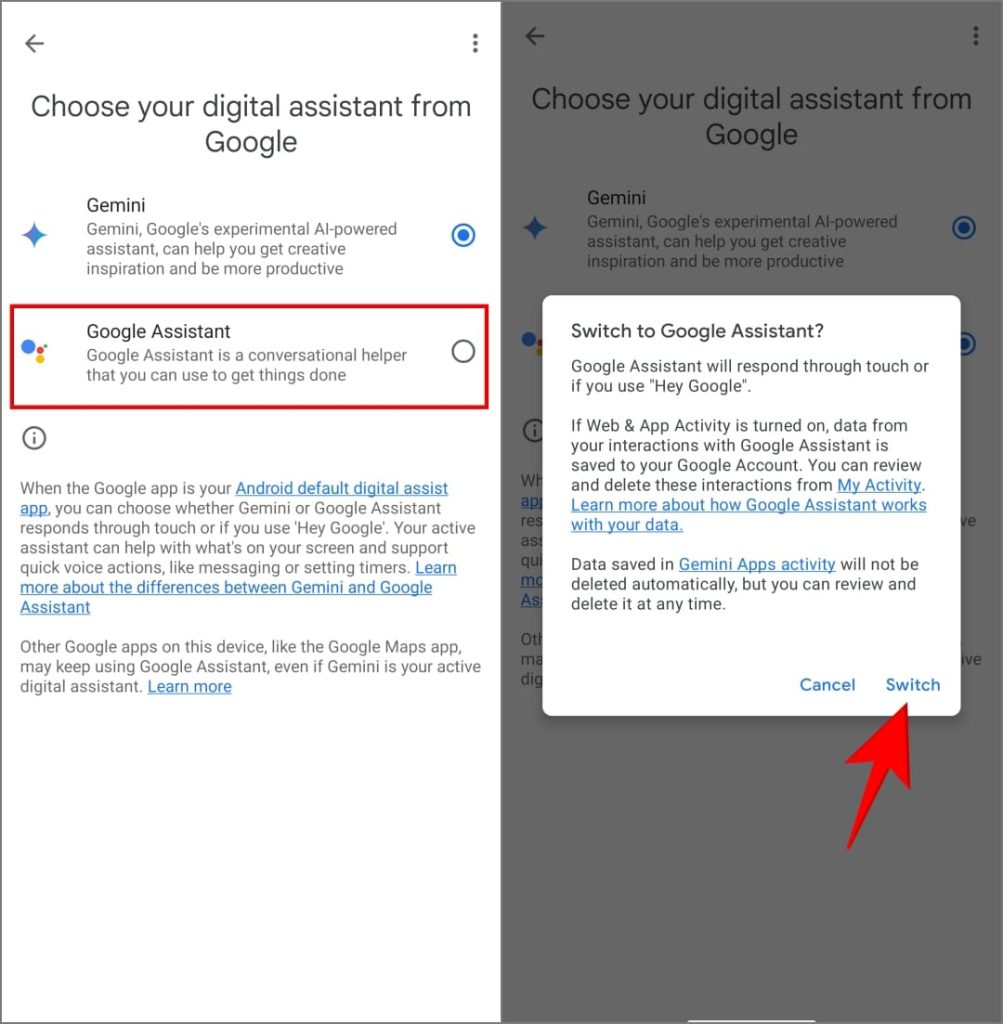 Cambiar de Géminis a asistente de Google en la configuración de Android
