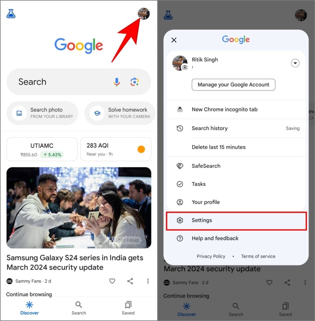 Configuración en la aplicación Google