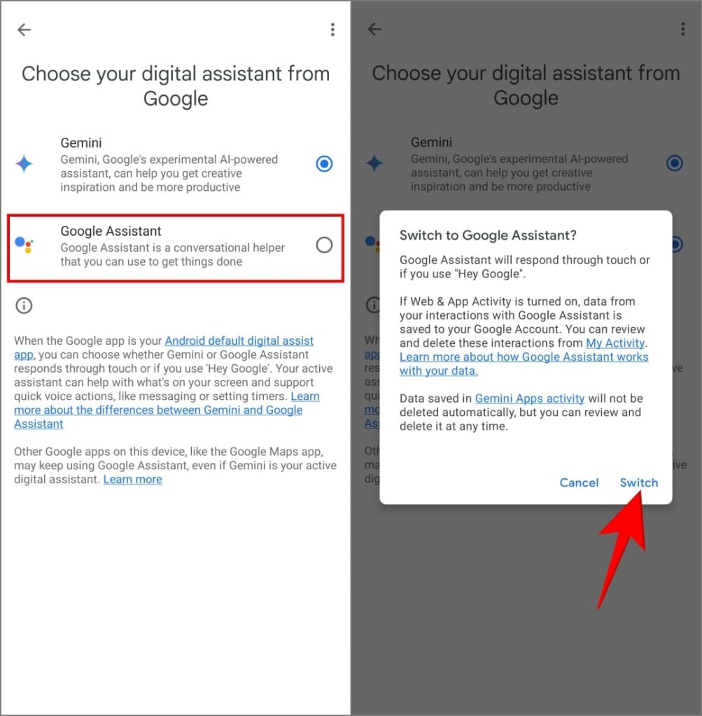Cambiar de Gemini a Google Assistant en Google App en Android