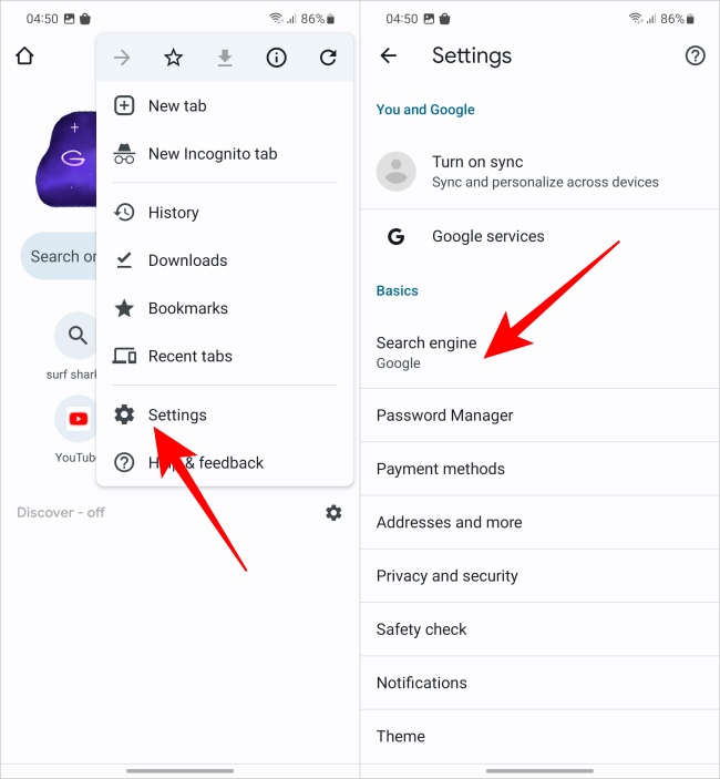 Opciones de configuración en Chrome Android