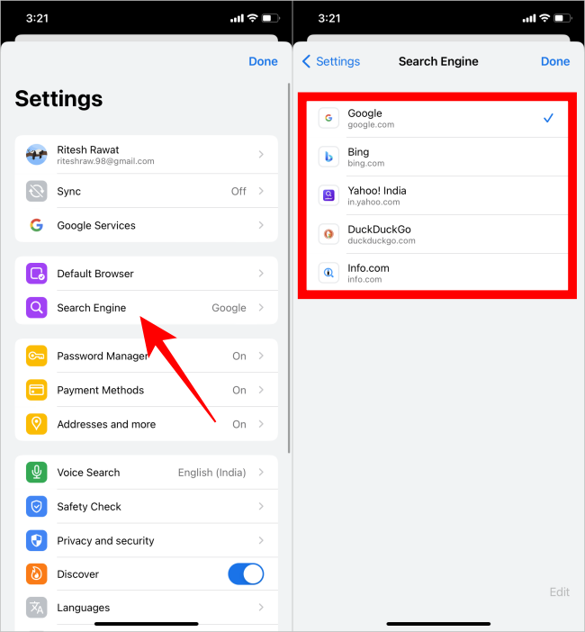 Asentamientos de Chrome y perdidos de enginadores de búsqueda en Chrome iOS