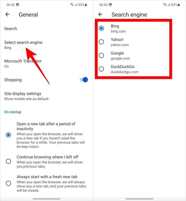 Lista de motores de búsqueda en Edge Android