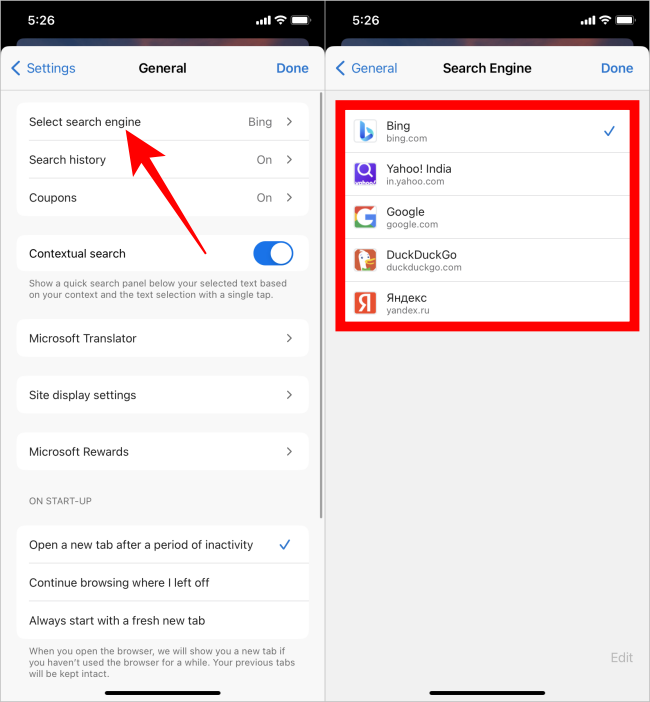 Lista de motores de búsqueda en el borde en iOS