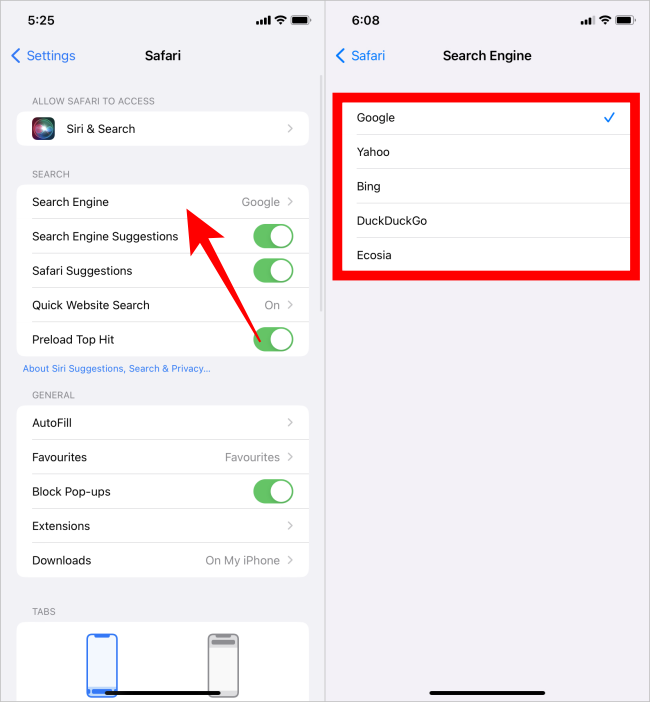 Configuración y lista de motores de búsqueda para Safari en iOS